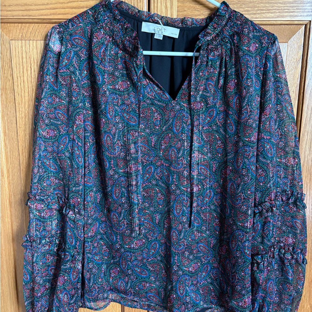 LOFT Blue Green Tie Front Blouse 3/4 Sleeve